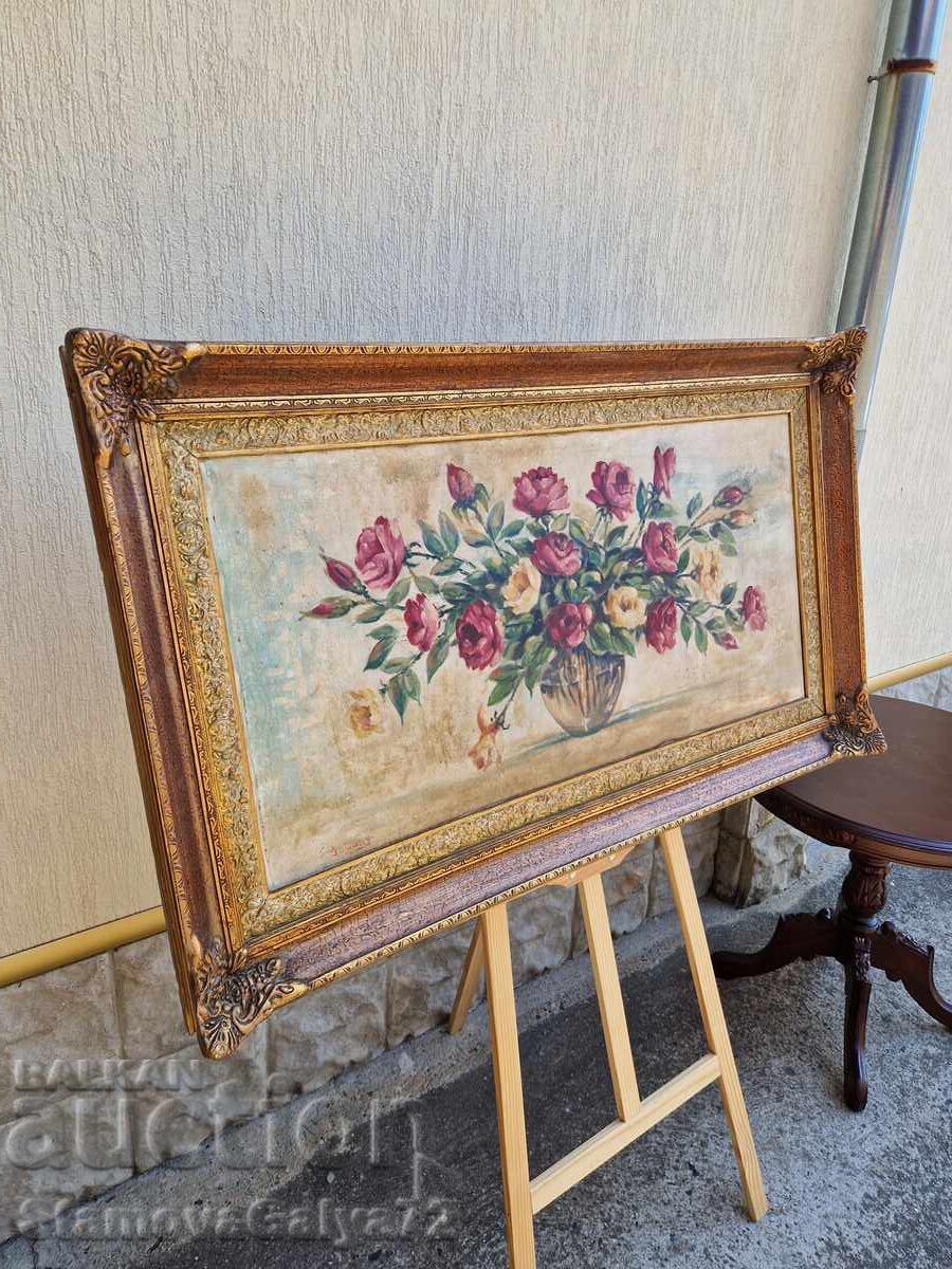 Νεκρή φύση αντίκα μεγάλη ελαιογραφία καμβάς συγγραφέας - 6