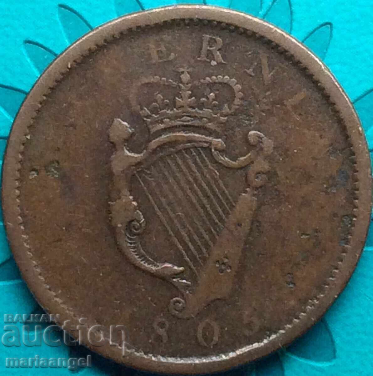 1 пени 1805 Англия за Ирландия Джордж III 34мм 16,8г рядка - 6