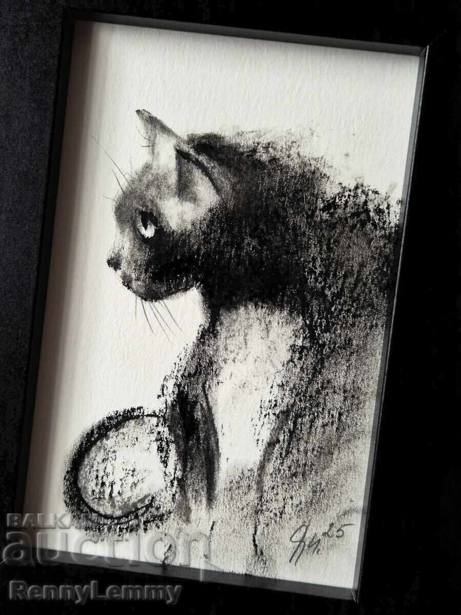 Auction Cat, charcoal drawing, miniature Auction Cat, charcoal drawing, miniature