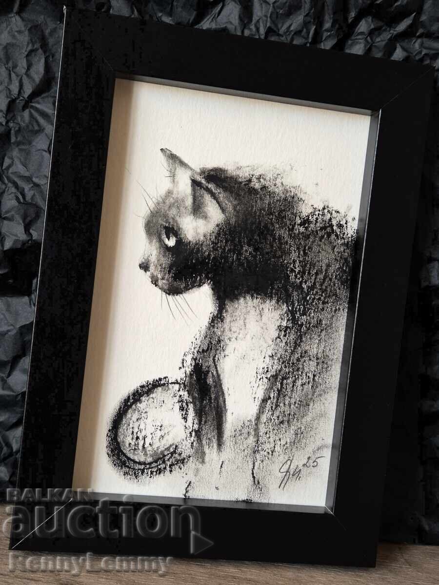 Cat, charcoal drawing, miniature Cat, charcoal drawing, miniature