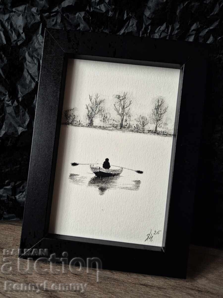 Auction Boat, charcoal drawing, miniature Auction Boat, charcoal drawing, miniature