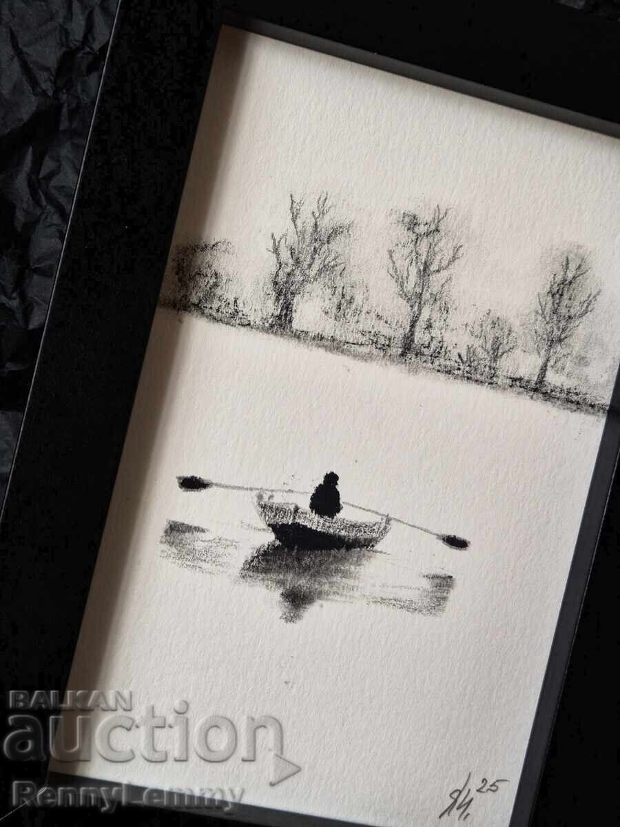 Boat, charcoal drawing, miniature Boat, charcoal drawing, miniature