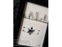 Boat, charcoal drawing, miniature