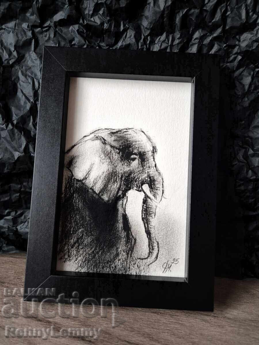 Auction Elephant 2, charcoal drawing, miniature Auction Elephant 2, charcoal drawing, miniature