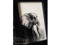 Elephant 2, charcoal drawing, miniature