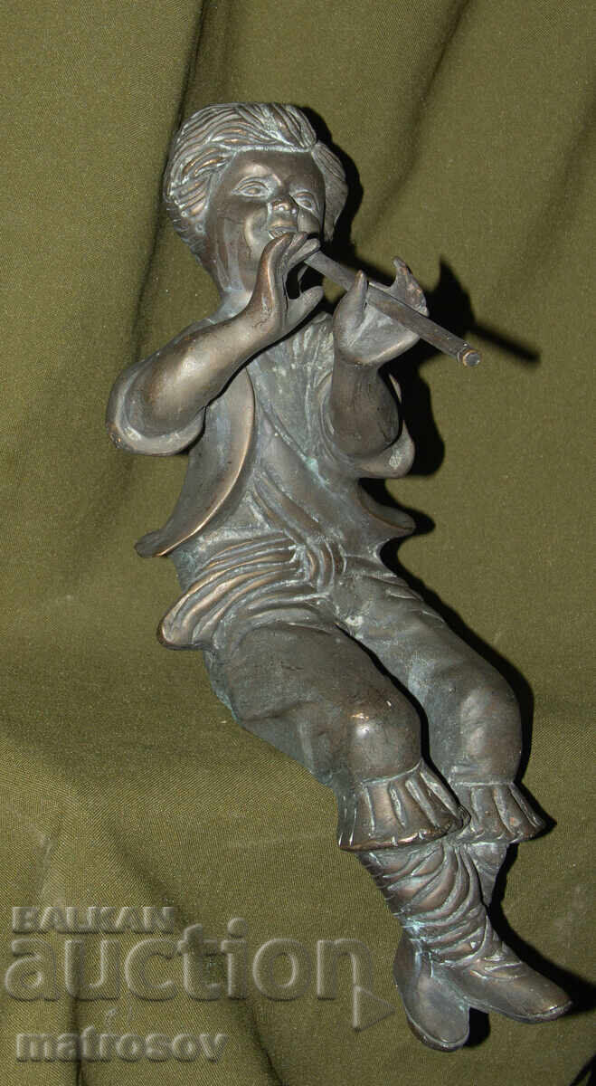 Sculptură veche din bronz, băiat cu flaut - 5