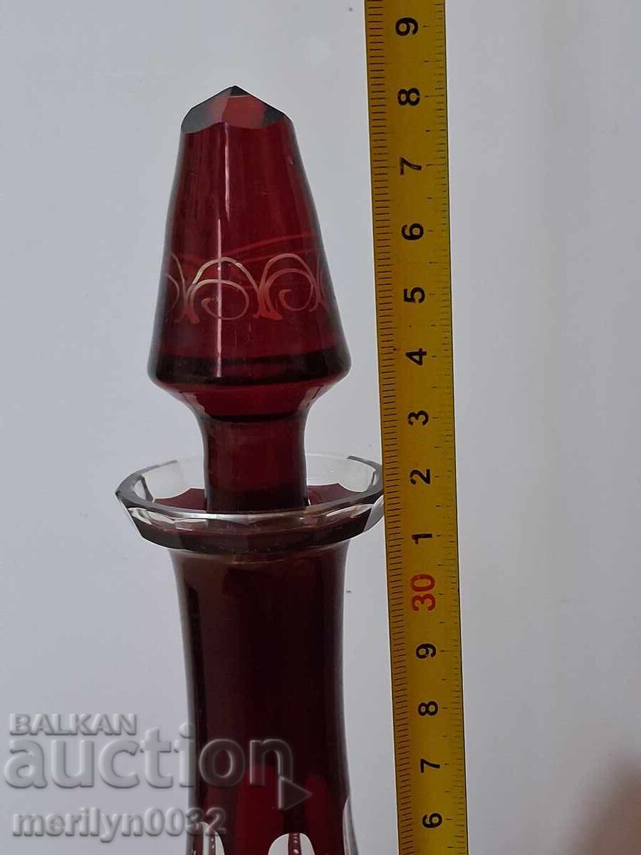 Auction Bohemian crystal carafe red glass hand engraved Auction Bohemian crystal carafe red glass hand engraved