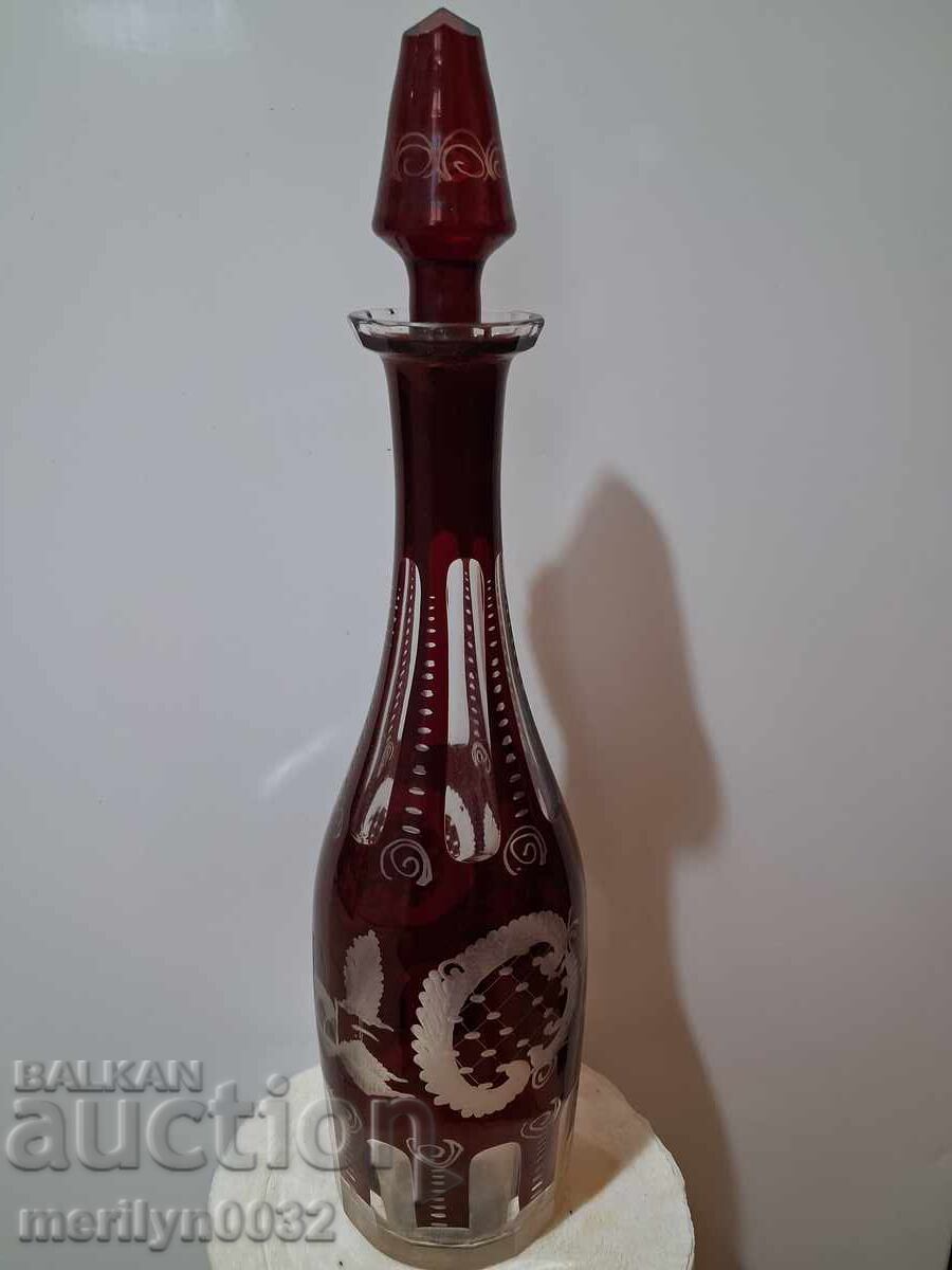 Bohemian crystal carafe red glass hand engraved Bohemian crystal carafe red glass hand engraved