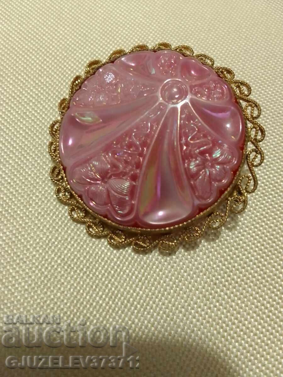 Παλιά καρφίτσα φιλιγκράν επιχρύσωση και ροζ γυαλί - 5
