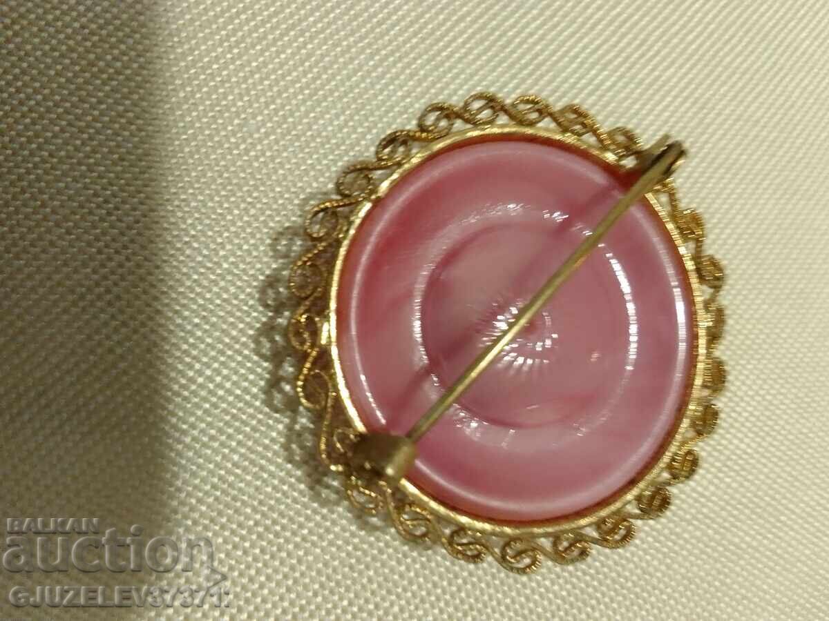 Παλιά καρφίτσα φιλιγκράν επιχρύσωση και ροζ γυαλί - 6