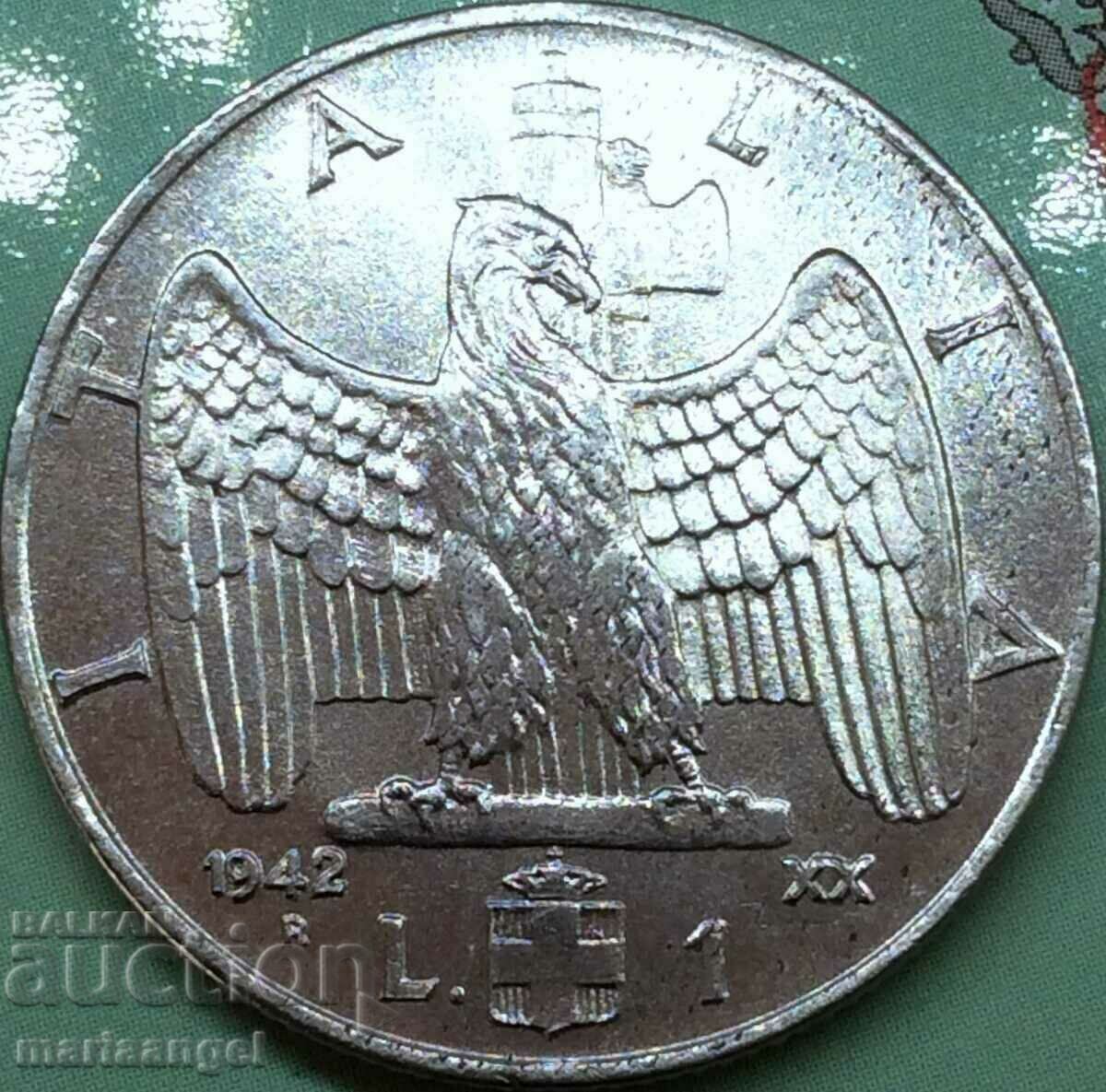 Δημοπρασία 1 Λίρα 1942 Ιταλία Βίκτωρ Εμμανουήλ Γ' Φασιστικός Αετός