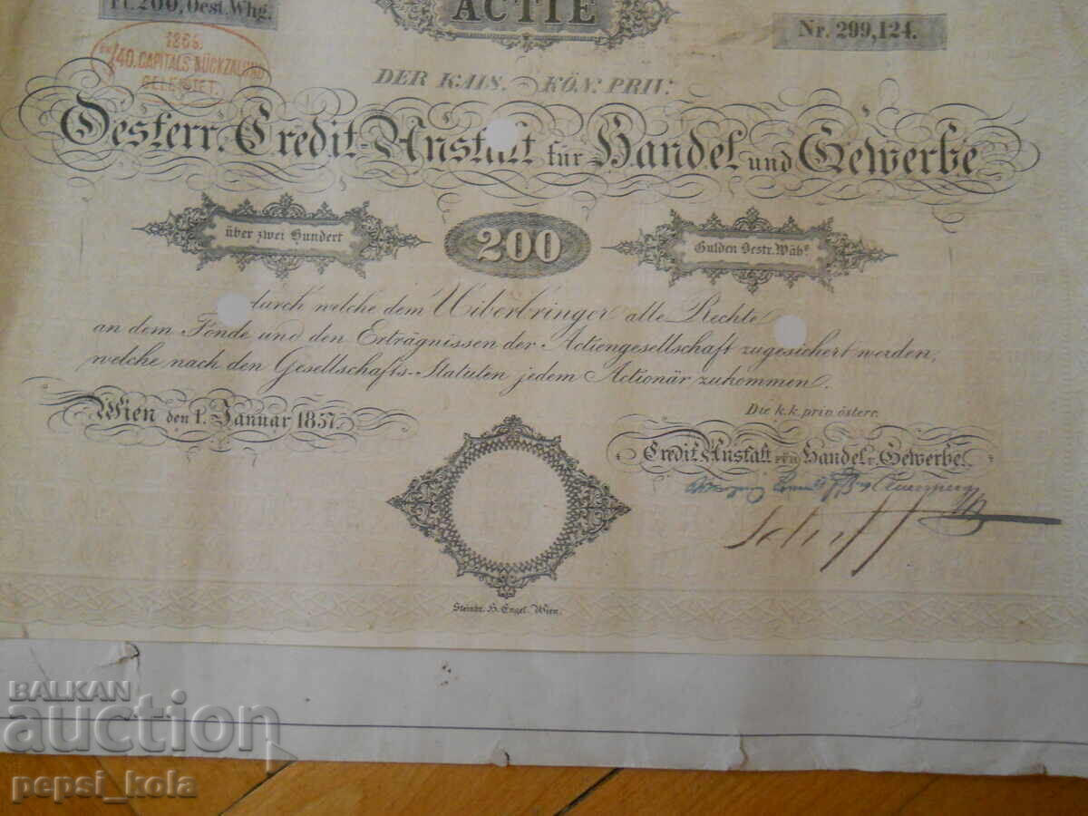 Auction  Old Austrian Stock Certificate from 1857