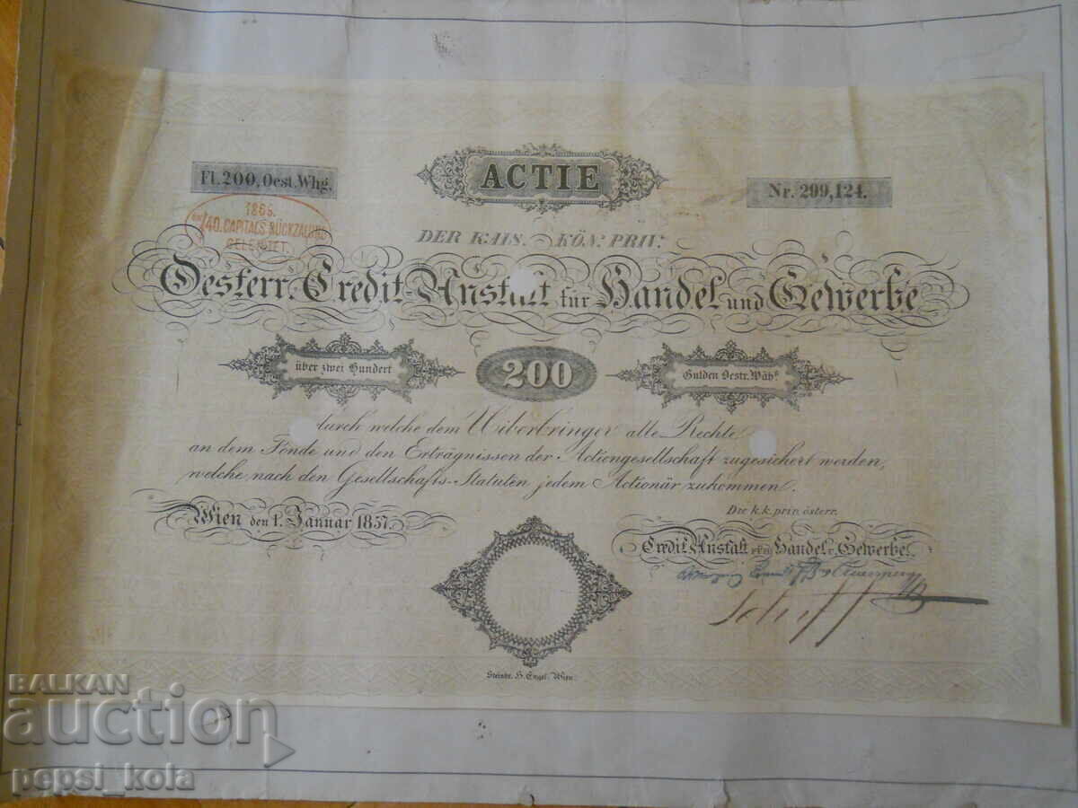 Old Austrian Stock Certificate from 1857