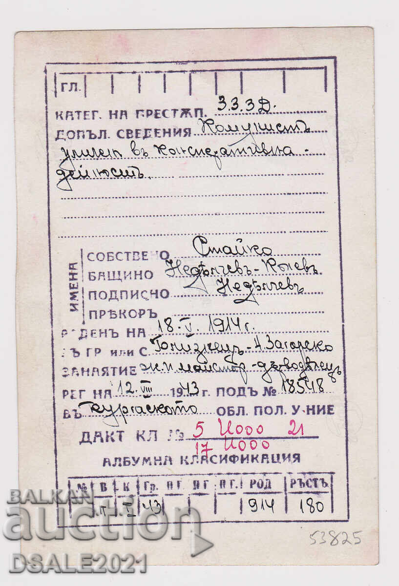 Δήμαρχος Μπουργκάς Στάικο Κόλεφ Νεντέλτσεφ 1943 φωτογραφία από την αστυνομία με τιμή 120.00 BGN | € 61.36