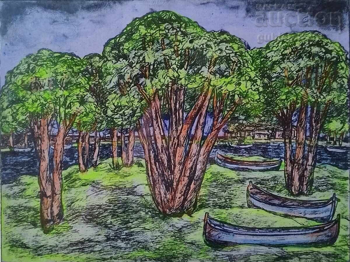 Tablou, grafică, "Kraj Ropotamo", pict. Iv. Stratiev, 1997 cu preț € 120.00 | 234.70 BGN Tablou, grafică, "Kraj Ropotamo", pict. Iv. Stratiev, 1997 cu preț € 120.00 | 234.70 BGN