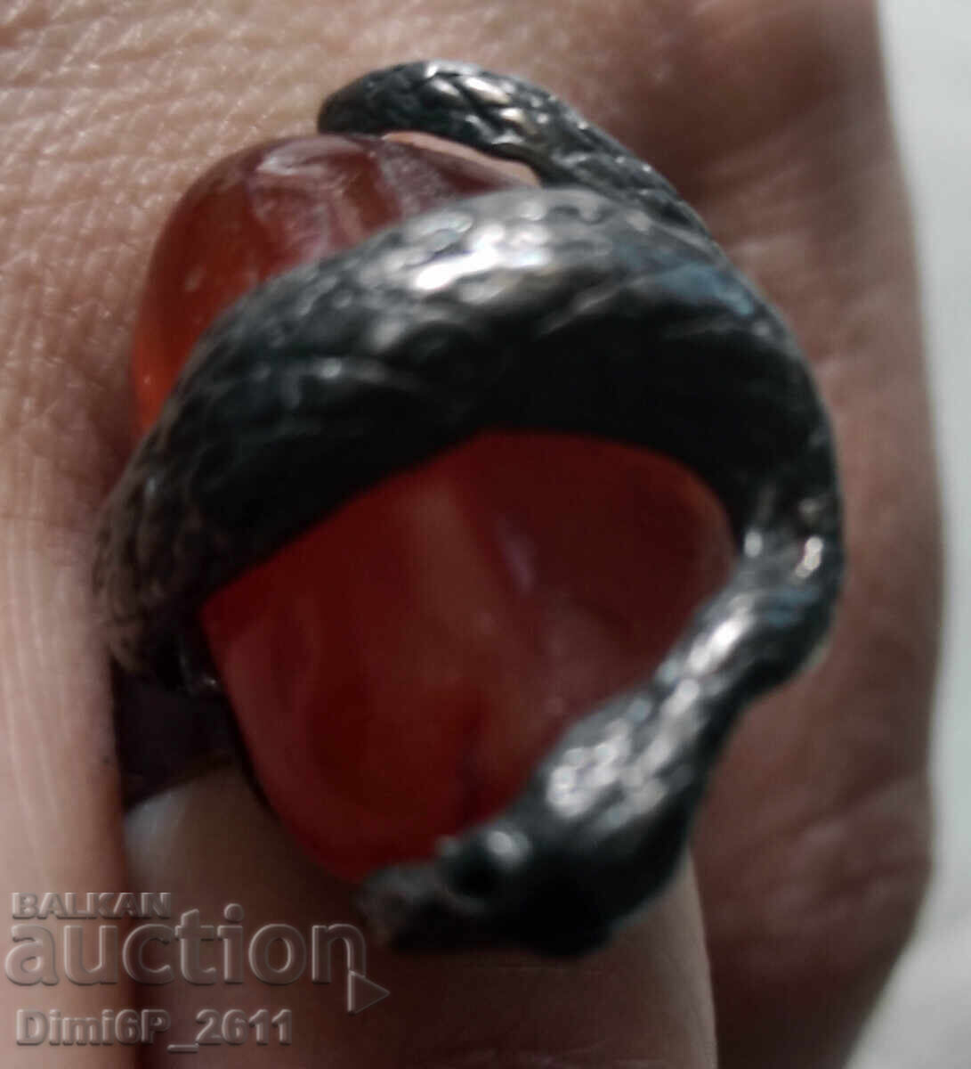 Auction  Antique Silver Ring with Snake and Carnelian Stone