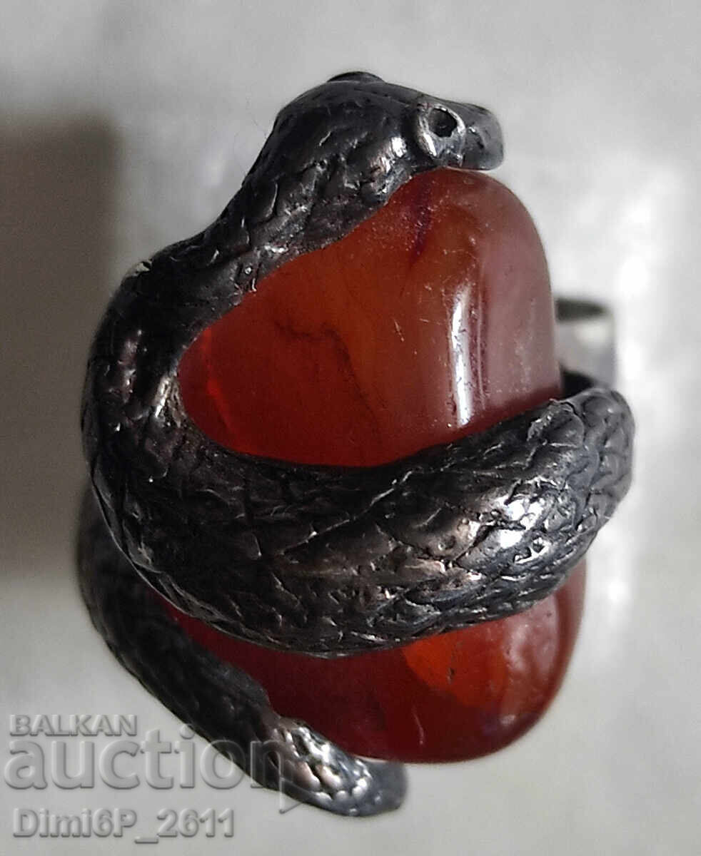 Antique Silver Ring with Snake and Carnelian Stone