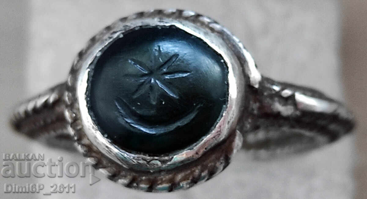 Silver ring with "Moon and Sun" stamp and jasper stone
