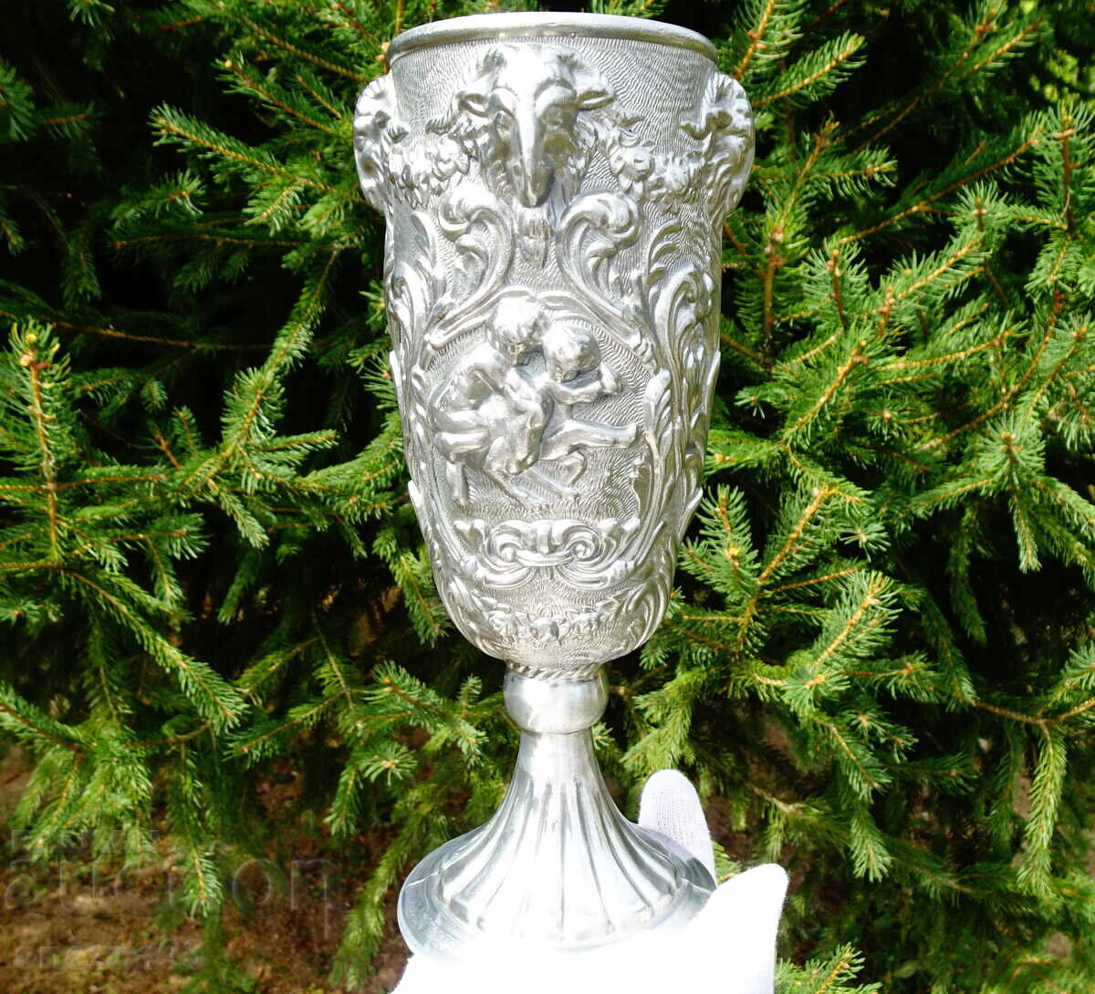 Goblet, wine glass, ram heads, angels, baroque