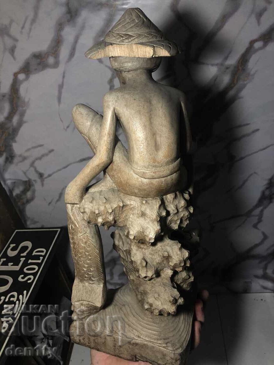 Μεγάλη ασιατική ξυλόγλυπτη ξύλινη φιγούρα ψαρά - 5 Μεγάλη ασιατική ξυλόγλυπτη ξύλινη φιγούρα ψαρά - 5