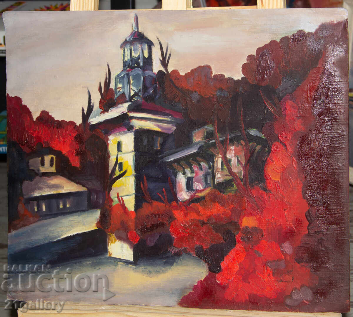Аукцион Стара картина маслени бои пейзаж камбанария