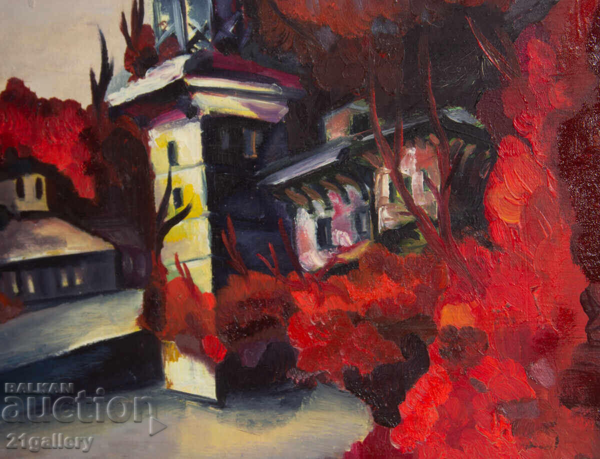 Стара картина маслени бои пейзаж камбанария - 5