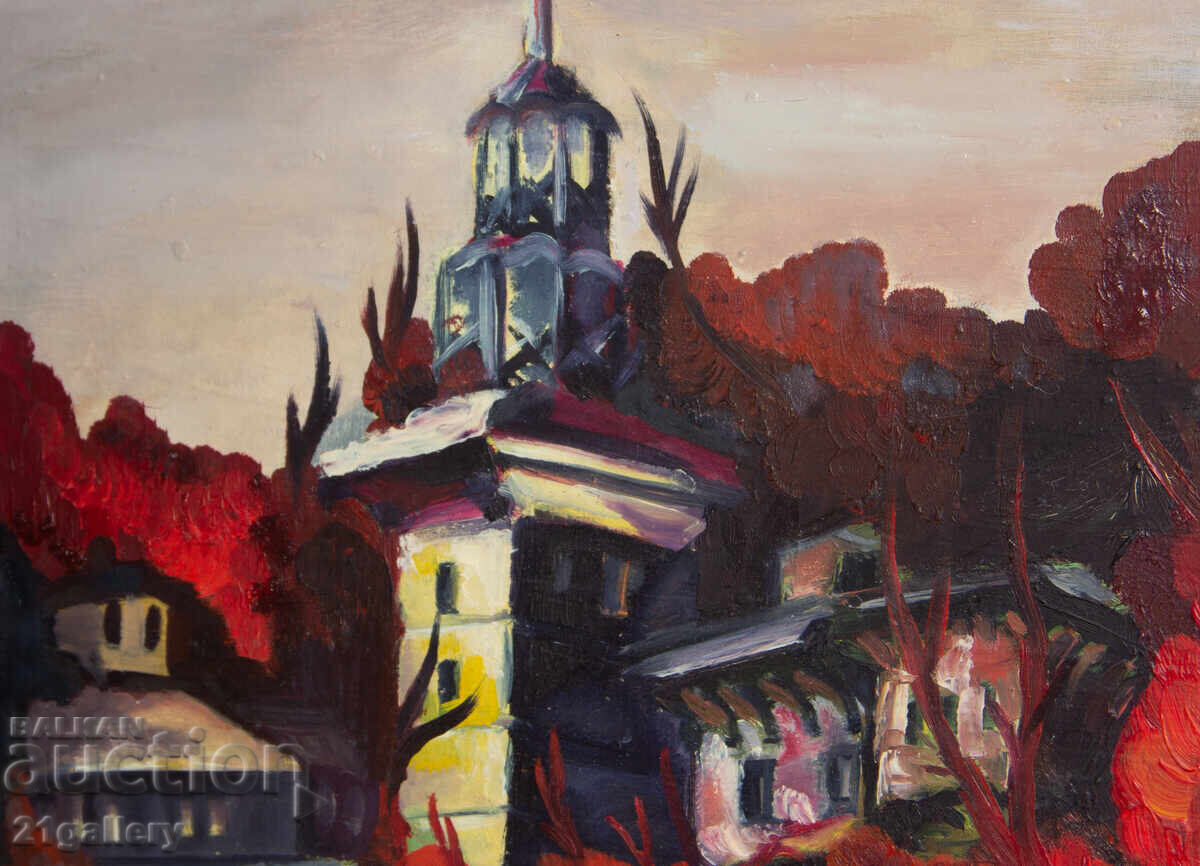 Стара картина маслени бои пейзаж камбанария - 6