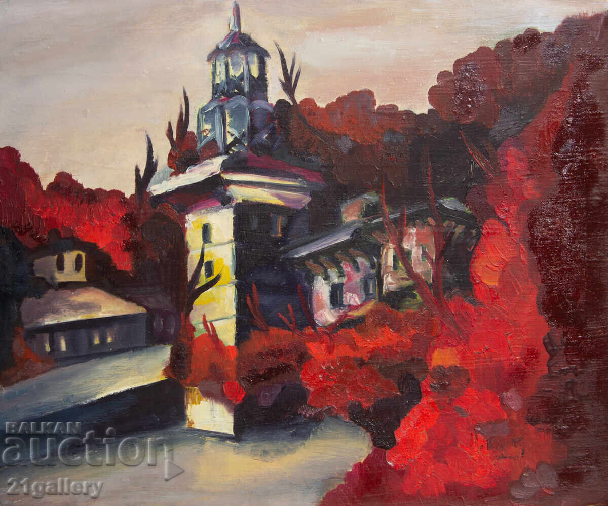 Стара картина маслени бои пейзаж камбанария