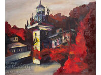 Παλαιός πίνακας ελαιογραφίας τοπίο καμπαναριό