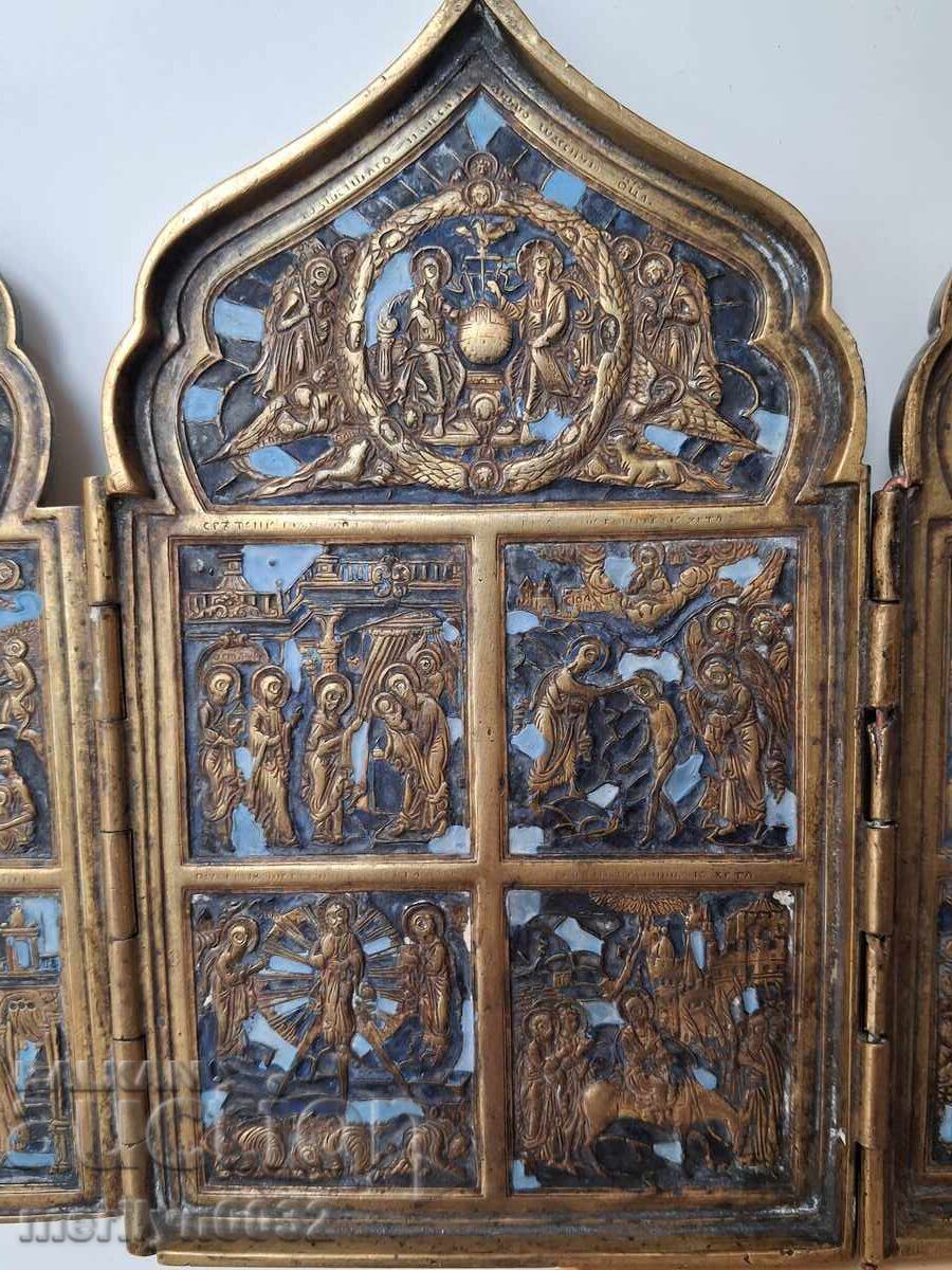 Квадриптих руска полева икона емайл нач 19-ти в триптих Исус - 6