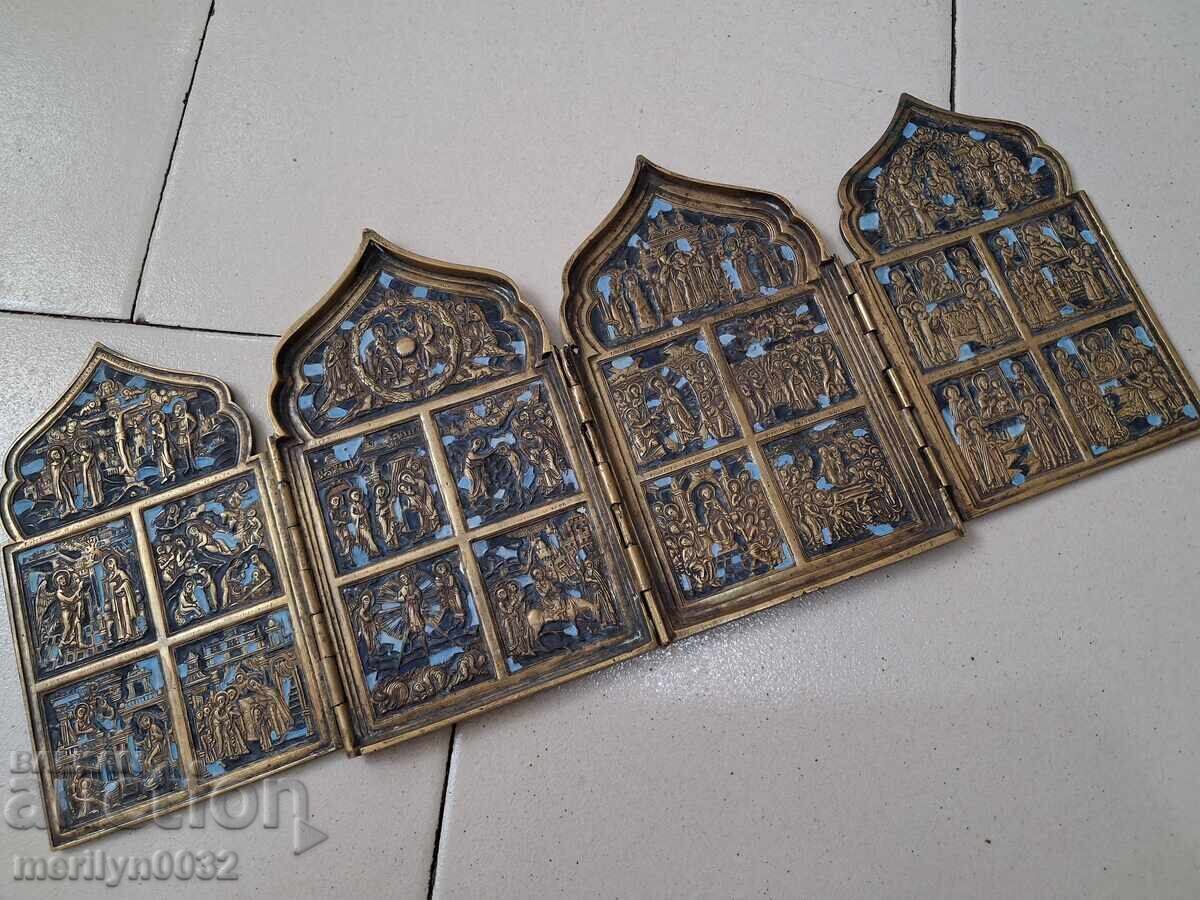 Квадриптих руска полева икона емайл нач 19-ти в триптих Исус