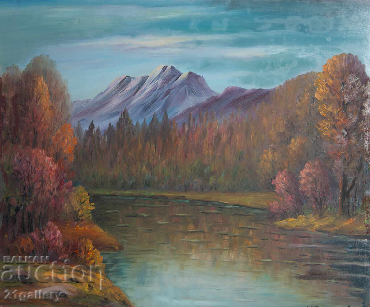 Mountain lake landscape painting oil paint
