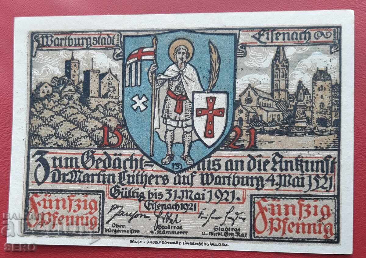 Bancnota-Germania-Thuringia-Wartburg-50 pfennig 1921 cu preț 2.00 BGN | € 1.02