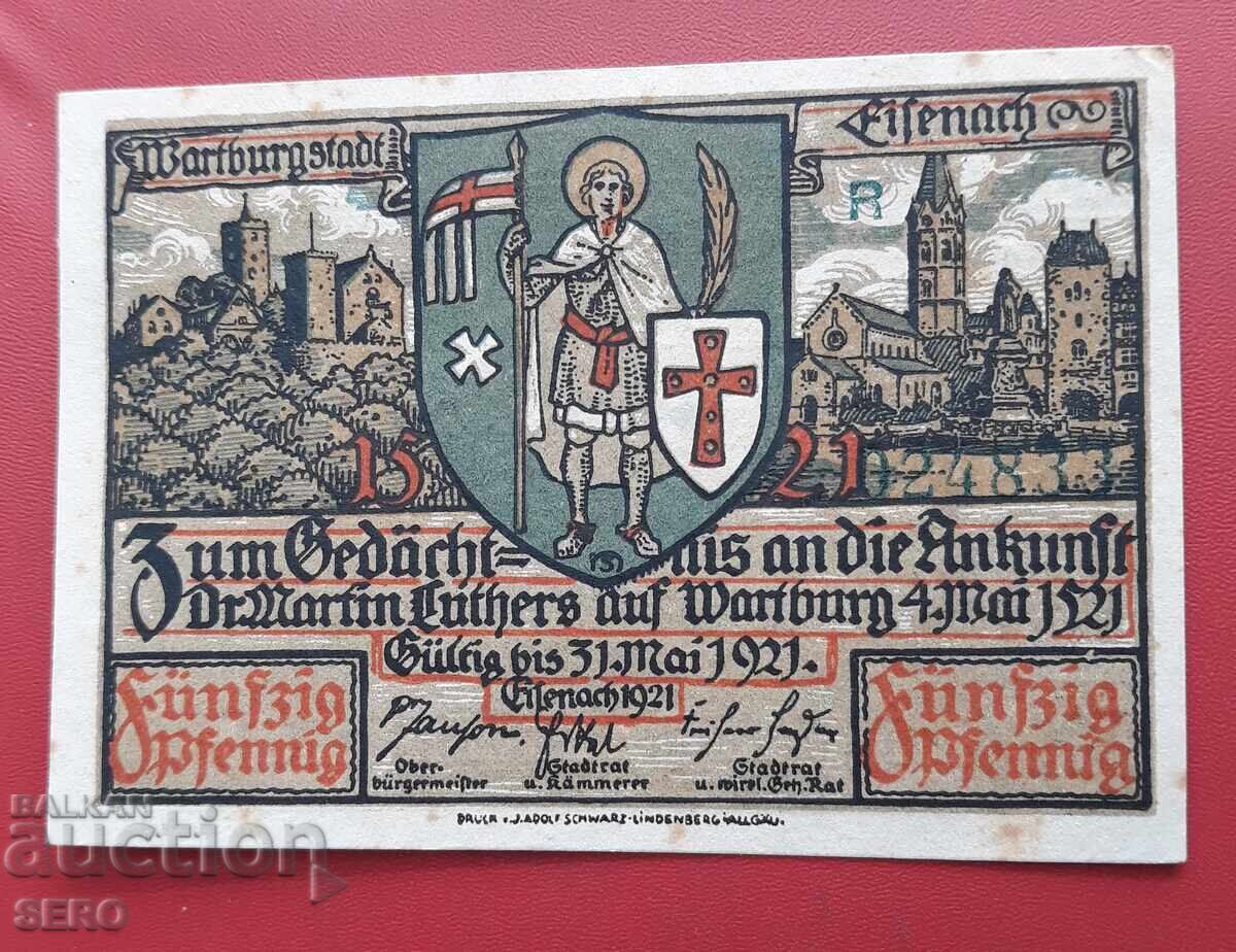 Bancnota-Germania-Thuringia-Wartburg-50 pfennig 1921 cu preț 2.01 BGN | € 1.03