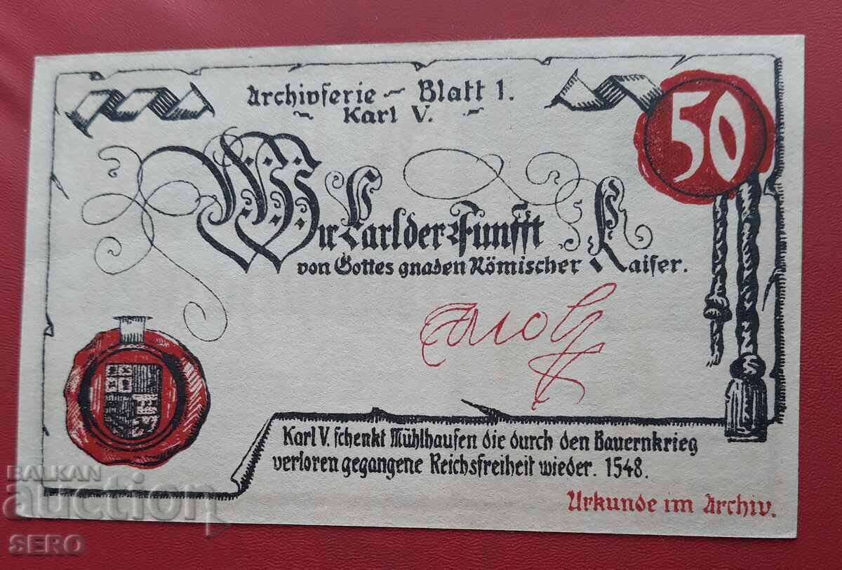 Banknote-Germany-Thuringia-Mühlhausen-50 pfennig 1921 with price 2.00 BGN | € 1.02