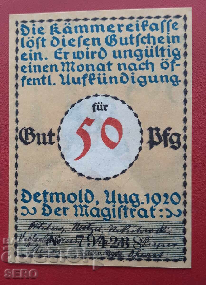 Bancnota-Germania-S.Rhein-Westphalia-Detmold-50 pfennig 1920 cu preț 2.00 BGN | € 1.02
