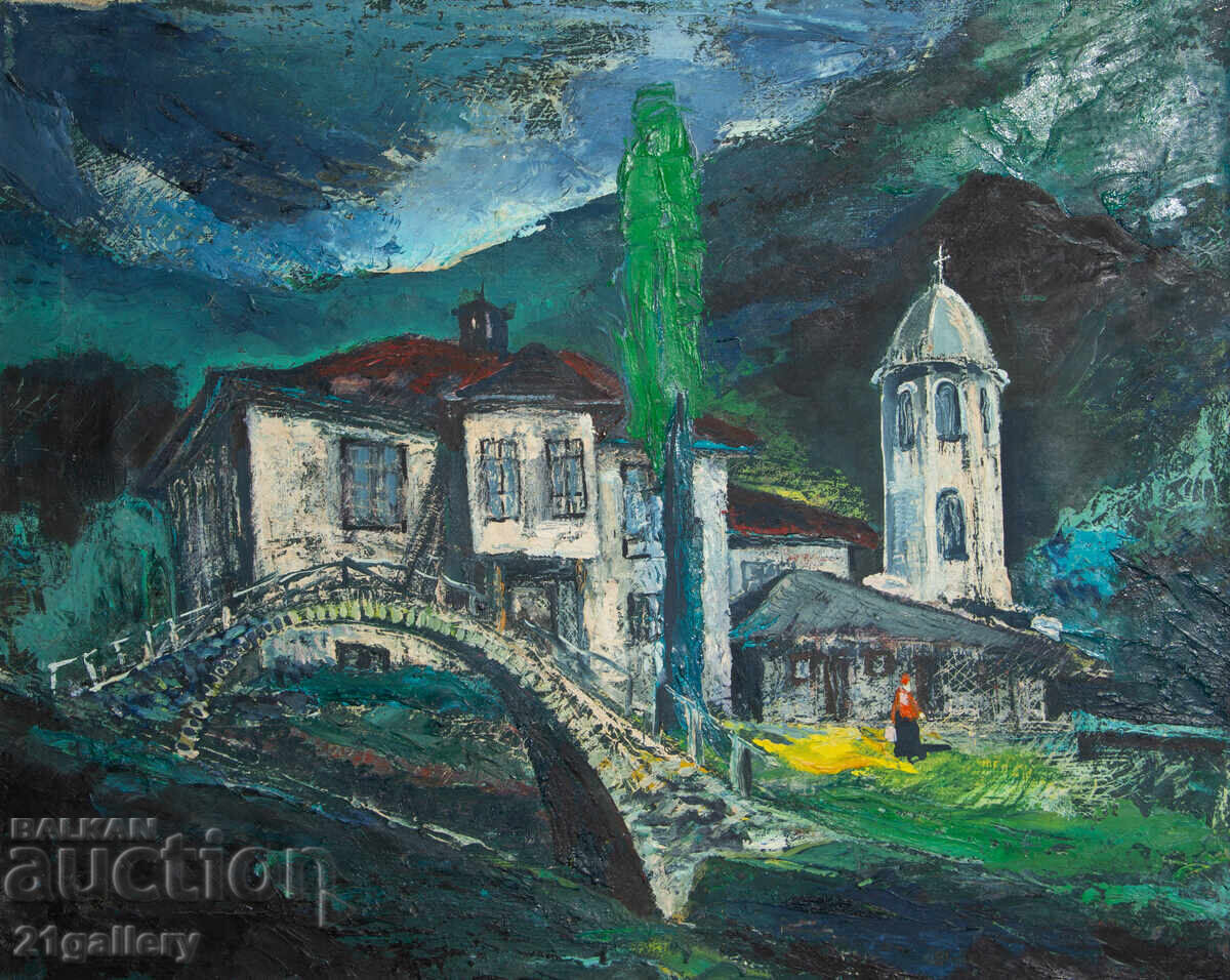 Old oil painting, rural landscape