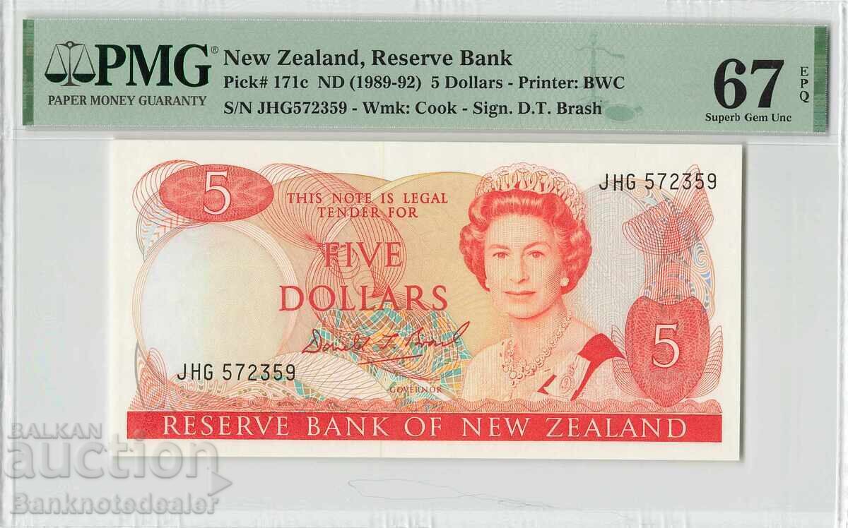 New Zealand 5 Dollars 1989-92 PMG Superb Gem Uncirculated 67