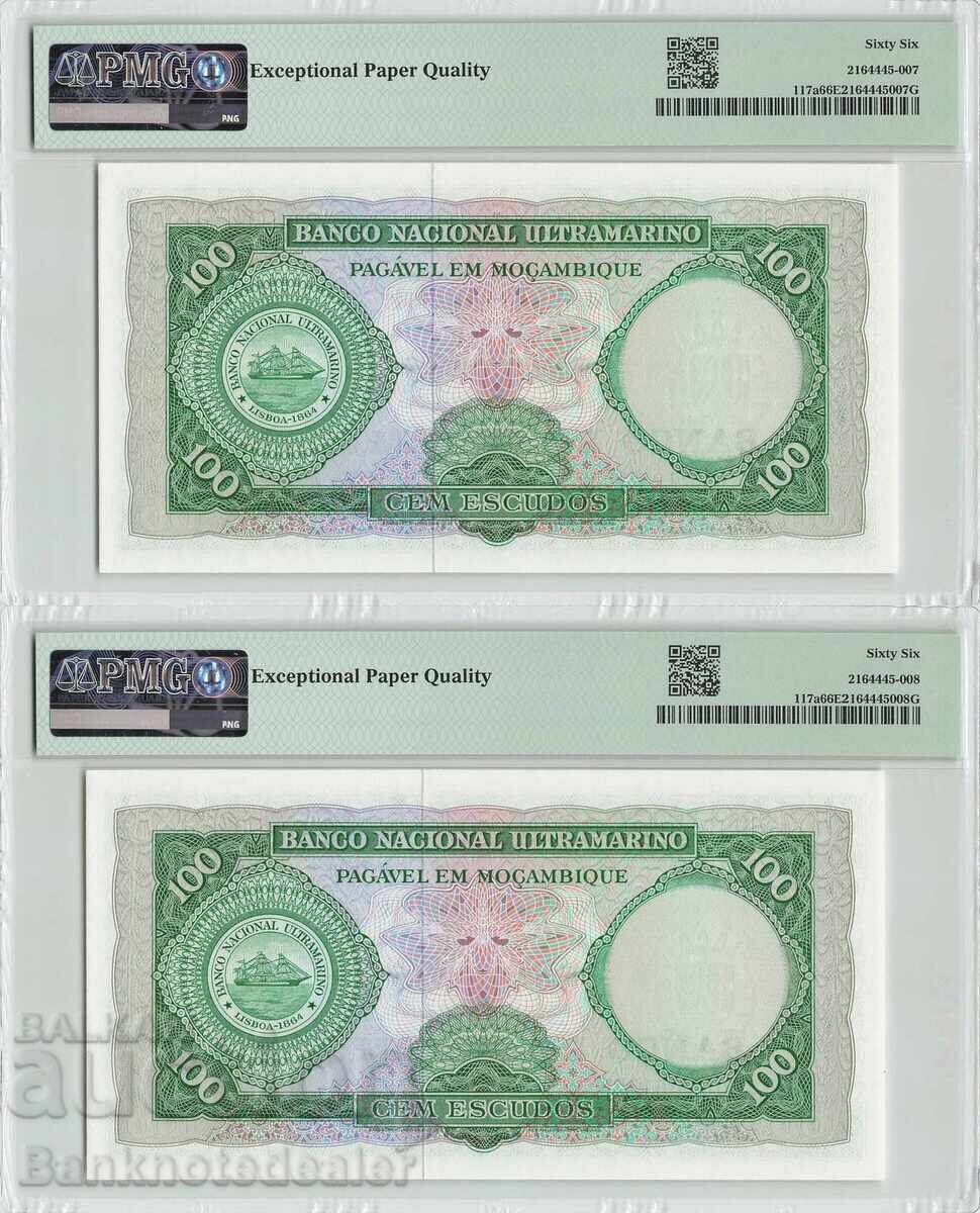 Mozambique 2x 100 Escudos 1961 Pick 117a PMG Gem UNC 66 EPQ with price 200.00 BGN | € 102.26 Mozambique 2x 100 Escudos 1961 Pick 117a PMG Gem UNC 66 EPQ with price 200.00 BGN | € 102.26
