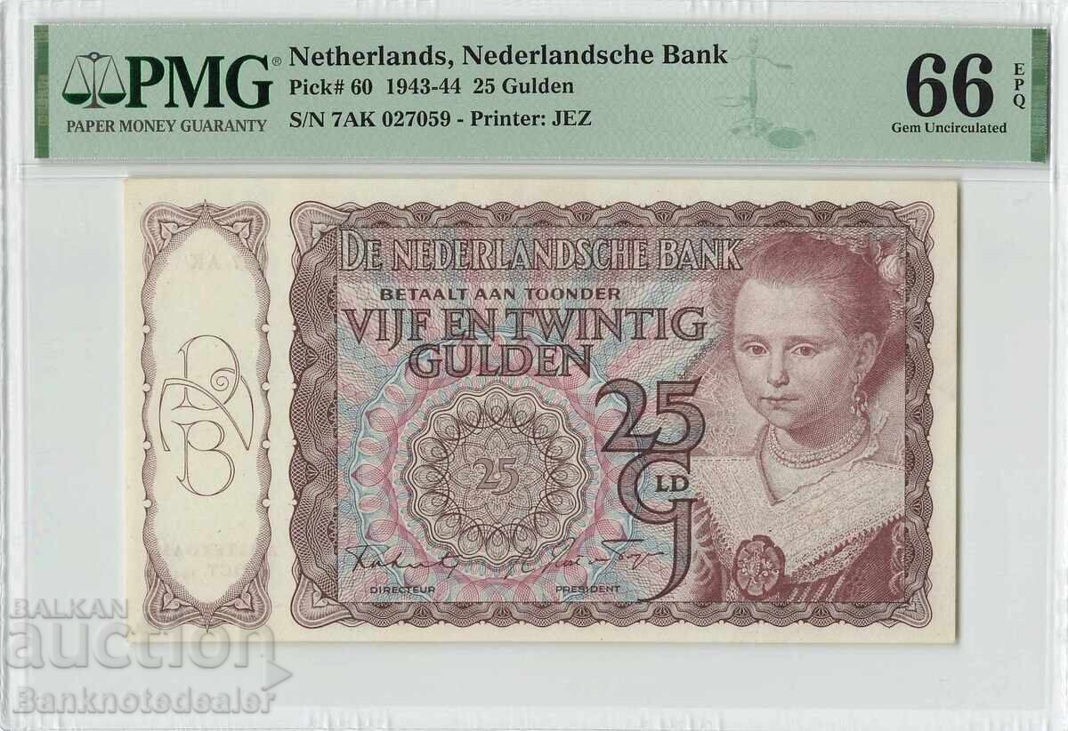 Netherlands 25 Gulden 1943-44 Pick 60 PMG Gem UNC 66 EPQ