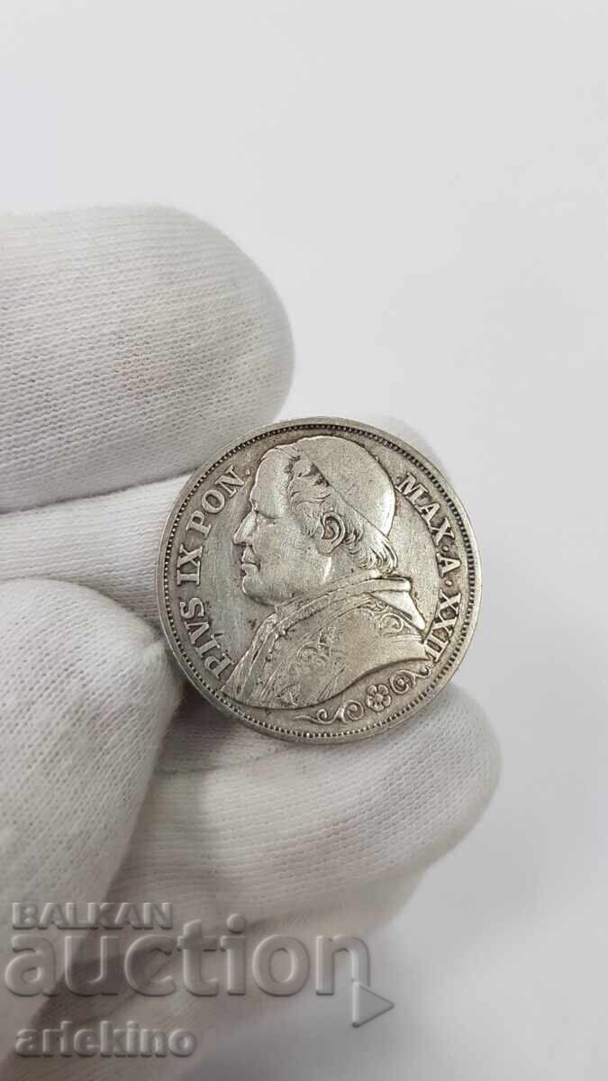 Monedă rară de argint 2 lire 1867 Vatican cu preț € 48.00 | 93.88 BGN