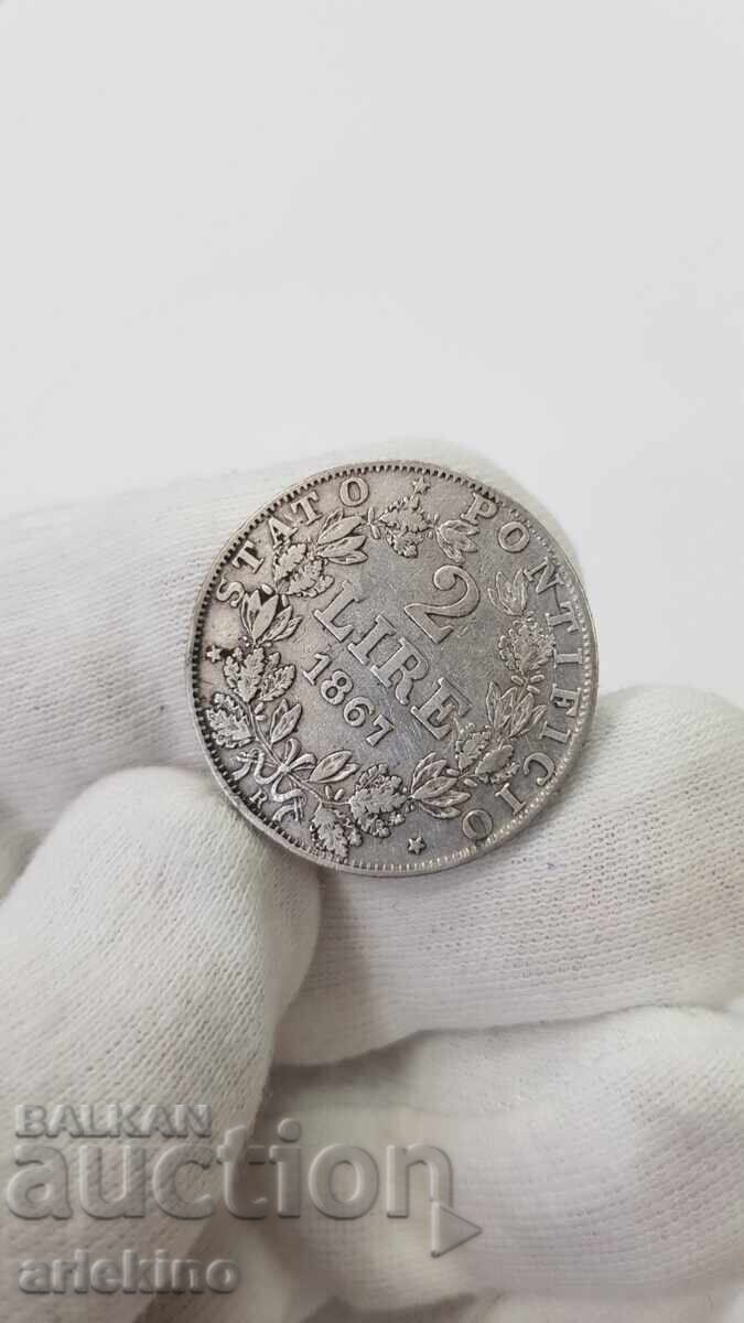 Аукцион Рядка сребърна монета 2 лире 1867 г. Ватикана