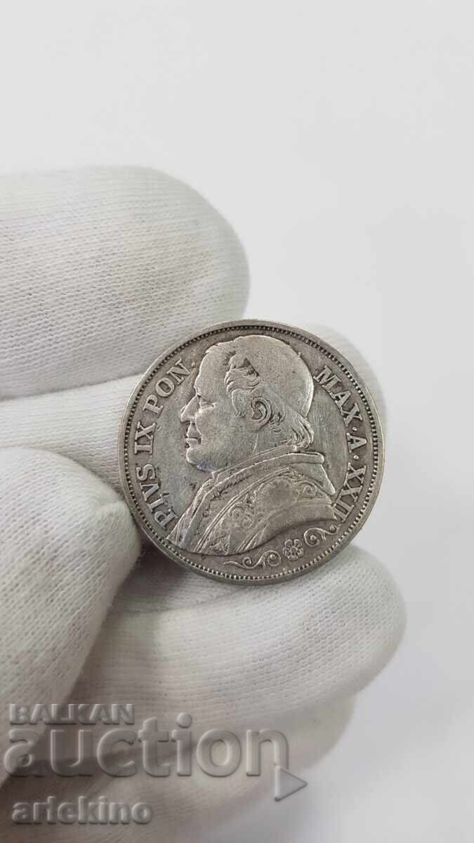 Рядка сребърна монета 2 лире 1867 г. Ватикана - 5