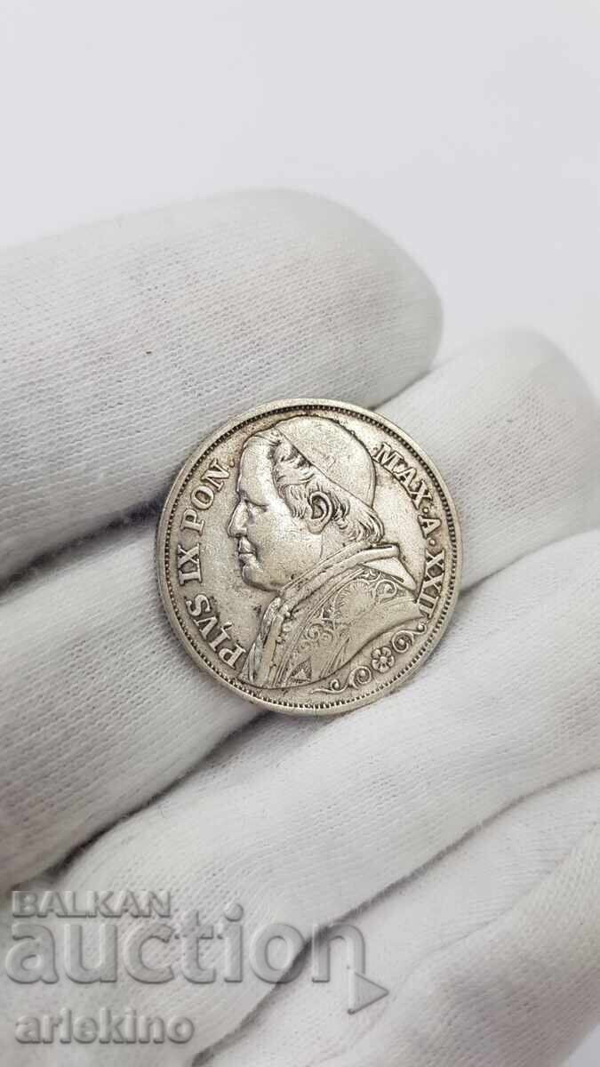 Рядка сребърна монета 2 лире 1867 г. Ватикана - 6