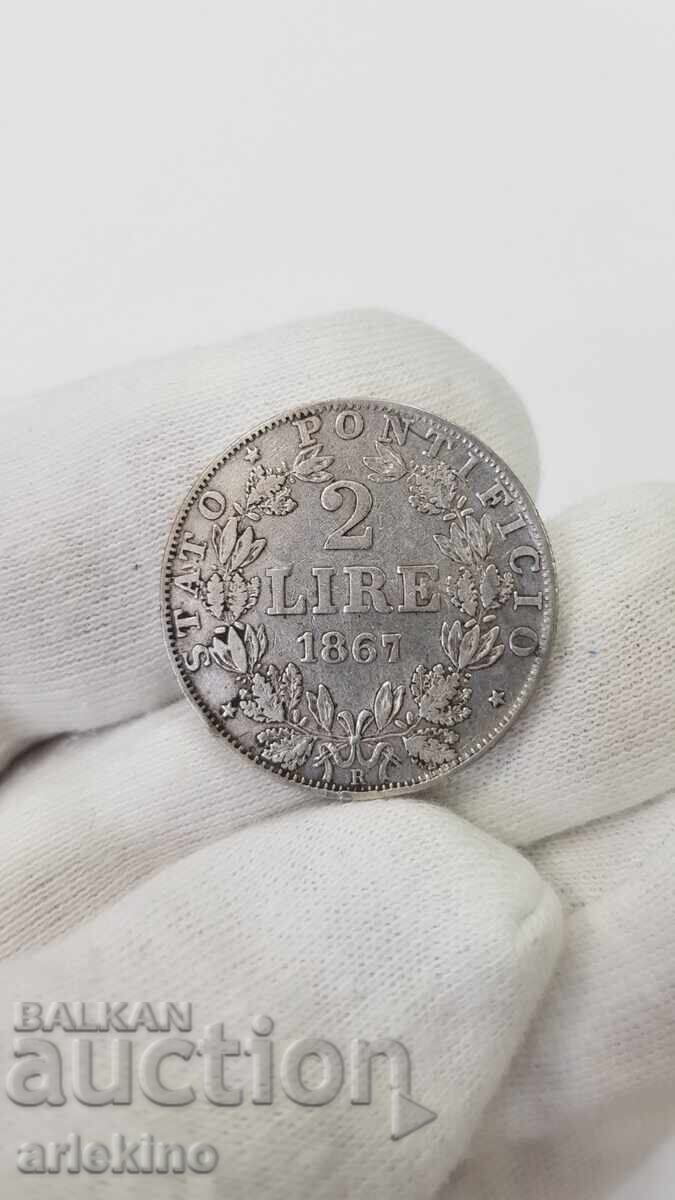 Рядка сребърна монета 2 лире 1867 г. Ватикана
