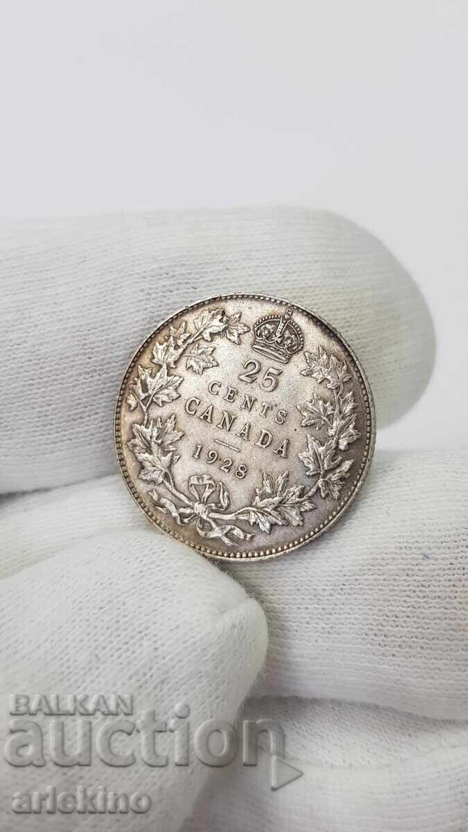 Σπάνιο ασημένιο νόμισμα 25 σεντ 1928 Βρετανική Καναδάς με τιμή 130.00 BGN | € 66.47