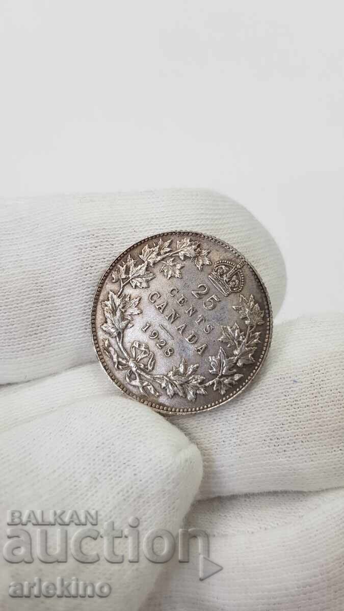 Δημοπρασία Σπάνιο ασημένιο νόμισμα 25 σεντ 1928 Βρετανική Καναδάς