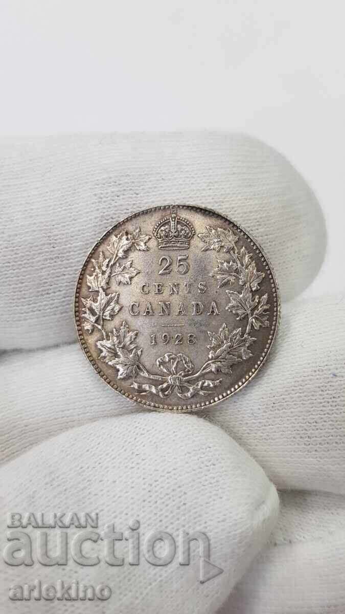 Σπάνιο ασημένιο νόμισμα 25 σεντ 1928 Βρετανική Καναδάς