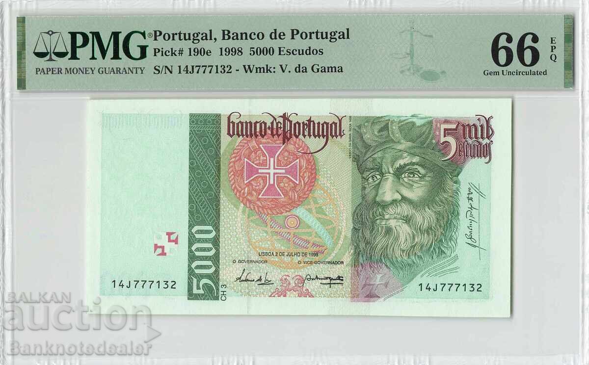 Portugal 5000 Escudos 1998 Pick 190e PMG Gem UNC 66 EPQ