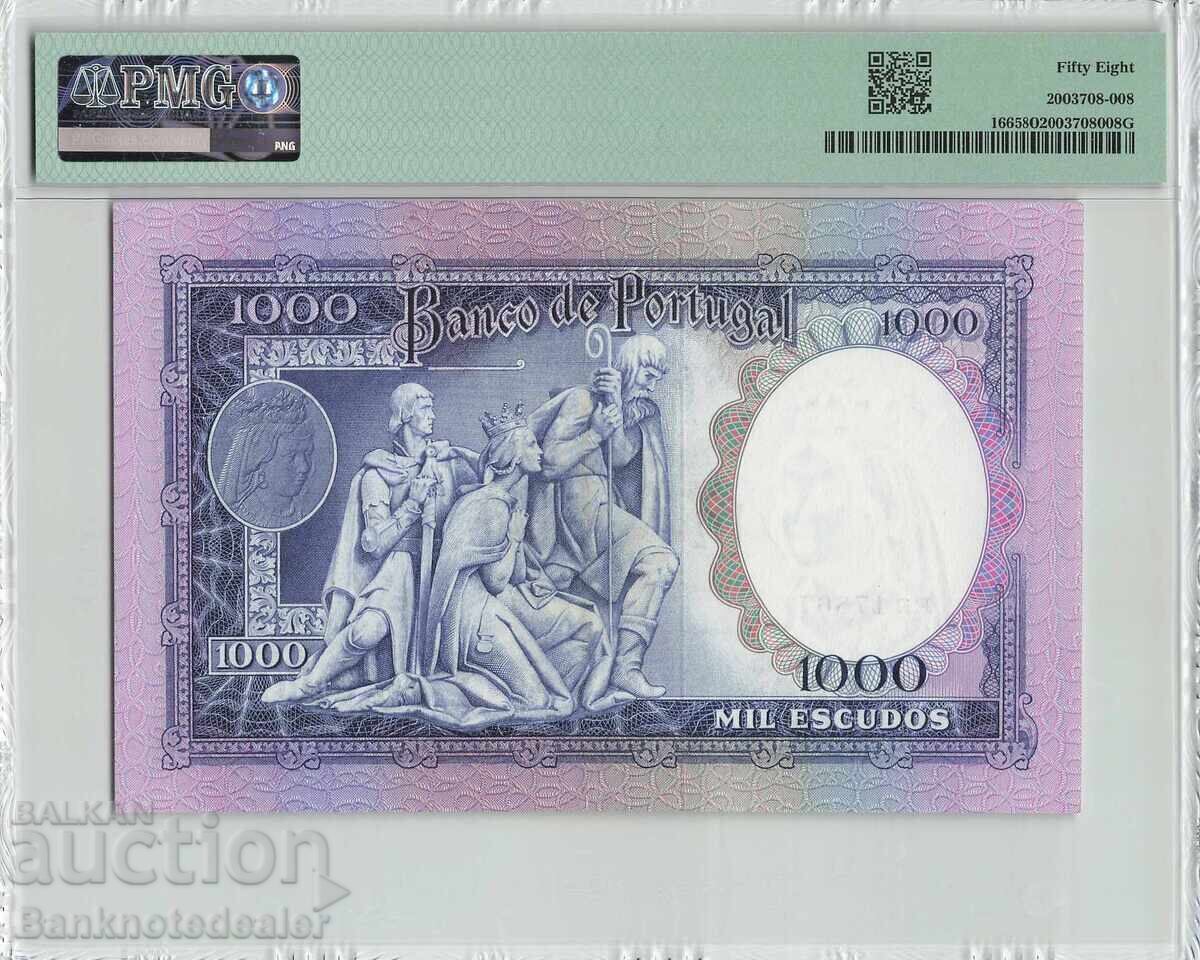 Portugal 1000 Escudos 1961 Pick 166 PMG Gem Uncirculated 58 Exceptional Paper Quality with price 900.00 BGN | € 460.16
